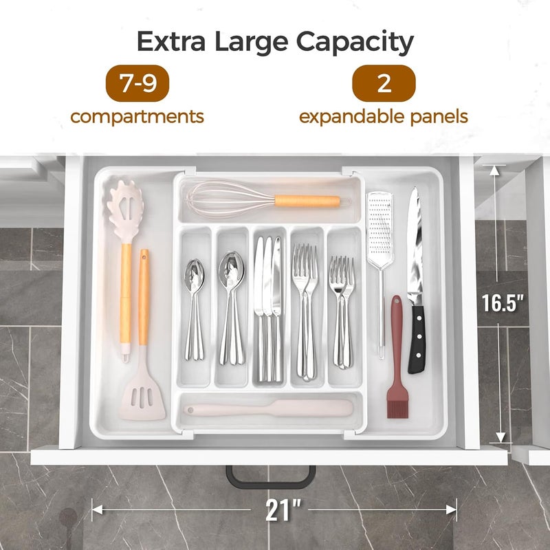 ukeetap Extra Large Expandable Silverware Organizer, BPA-Free Food-Safe Cutlery Flatware Organizer, Kitchen Utensil Drawer Organizer, Adjustable Silverware Holder for Spoons Forks Knives, White - Image 2
